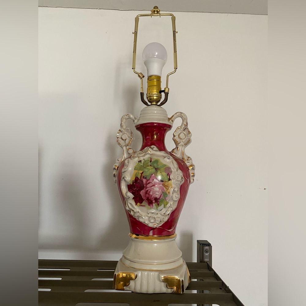 Victorian and Art Deco Style Ceramic Pink Floral Urn Lamp by Ullrich 1940s